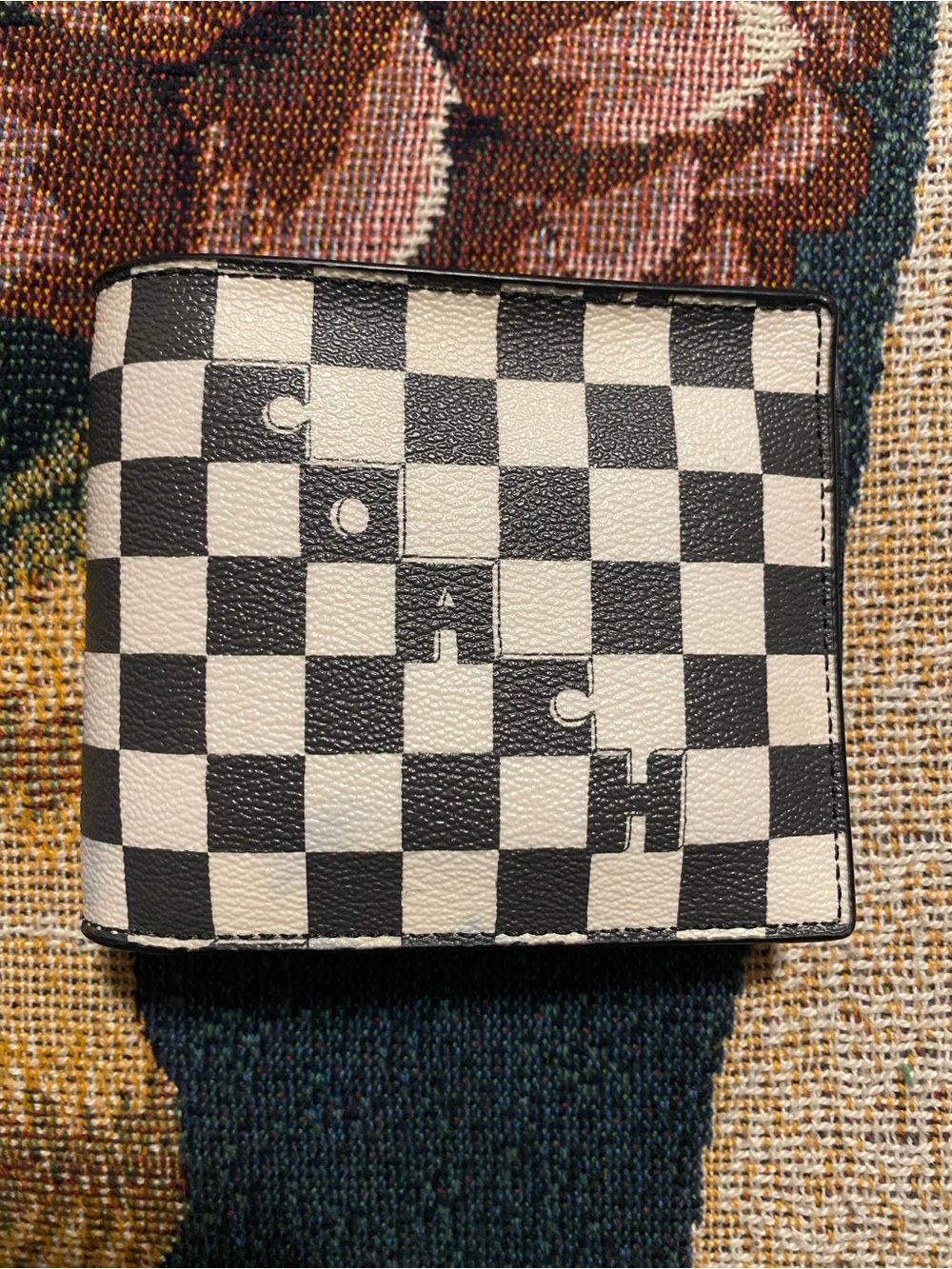 Coach Checkerboard Card & Key Holder Wallet - Black & White